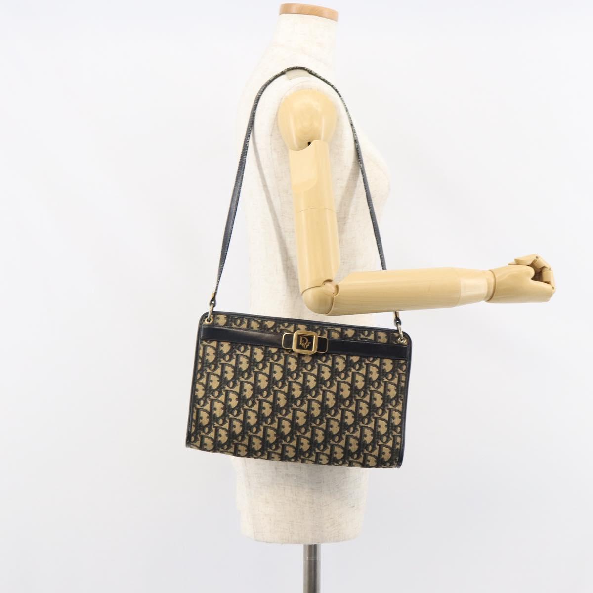 Christian Dior Trotter Canvas Shoulder Bag Navy Gold Auth BA9130