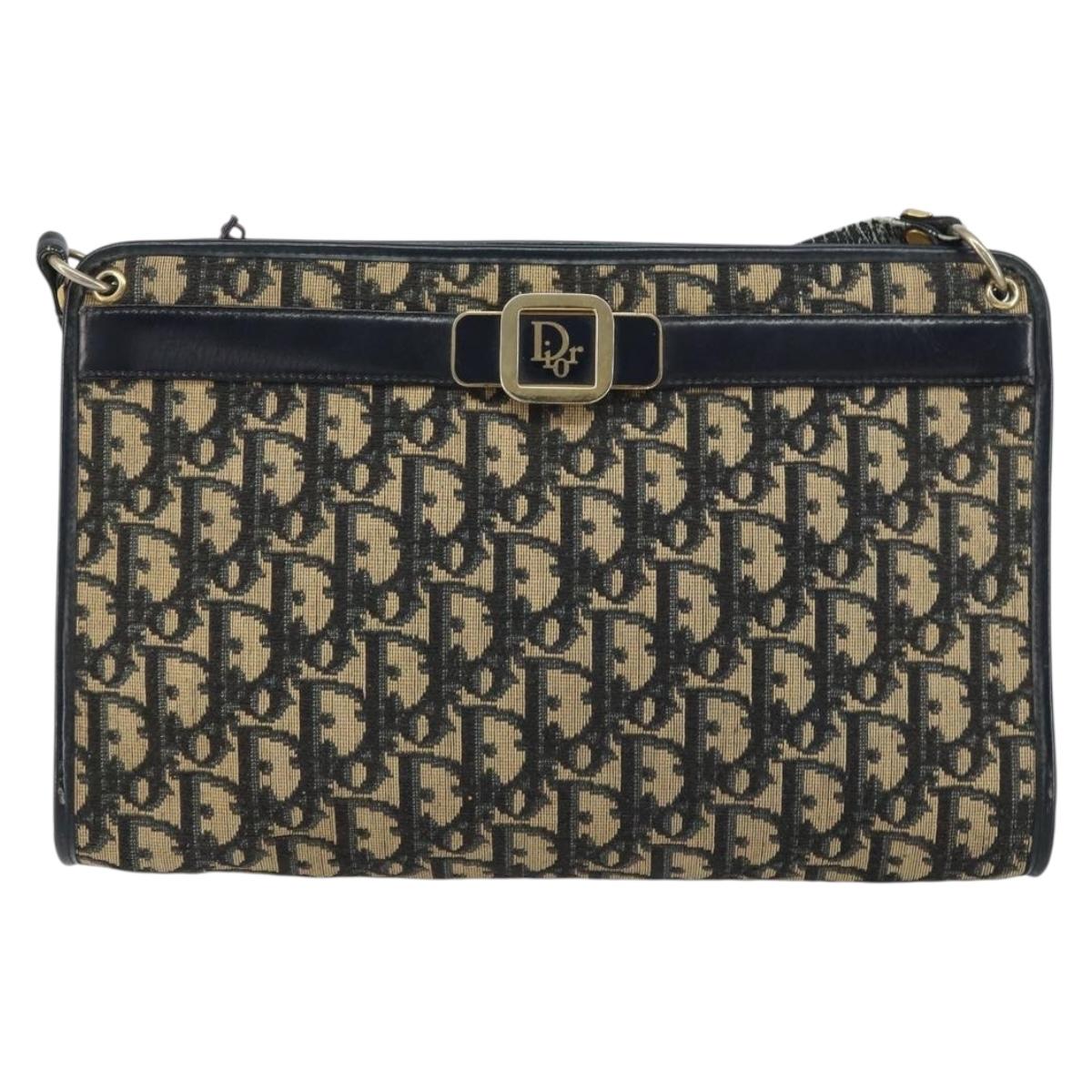 Christian Dior Trotter Canvas Shoulder Bag Navy Gold Auth BA9130