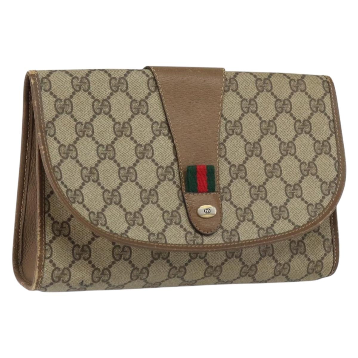 GUCCI GG Supreme Web Sherry Line Clutch Bag PVC Beige Gold 89 01 030 Auth BA9141