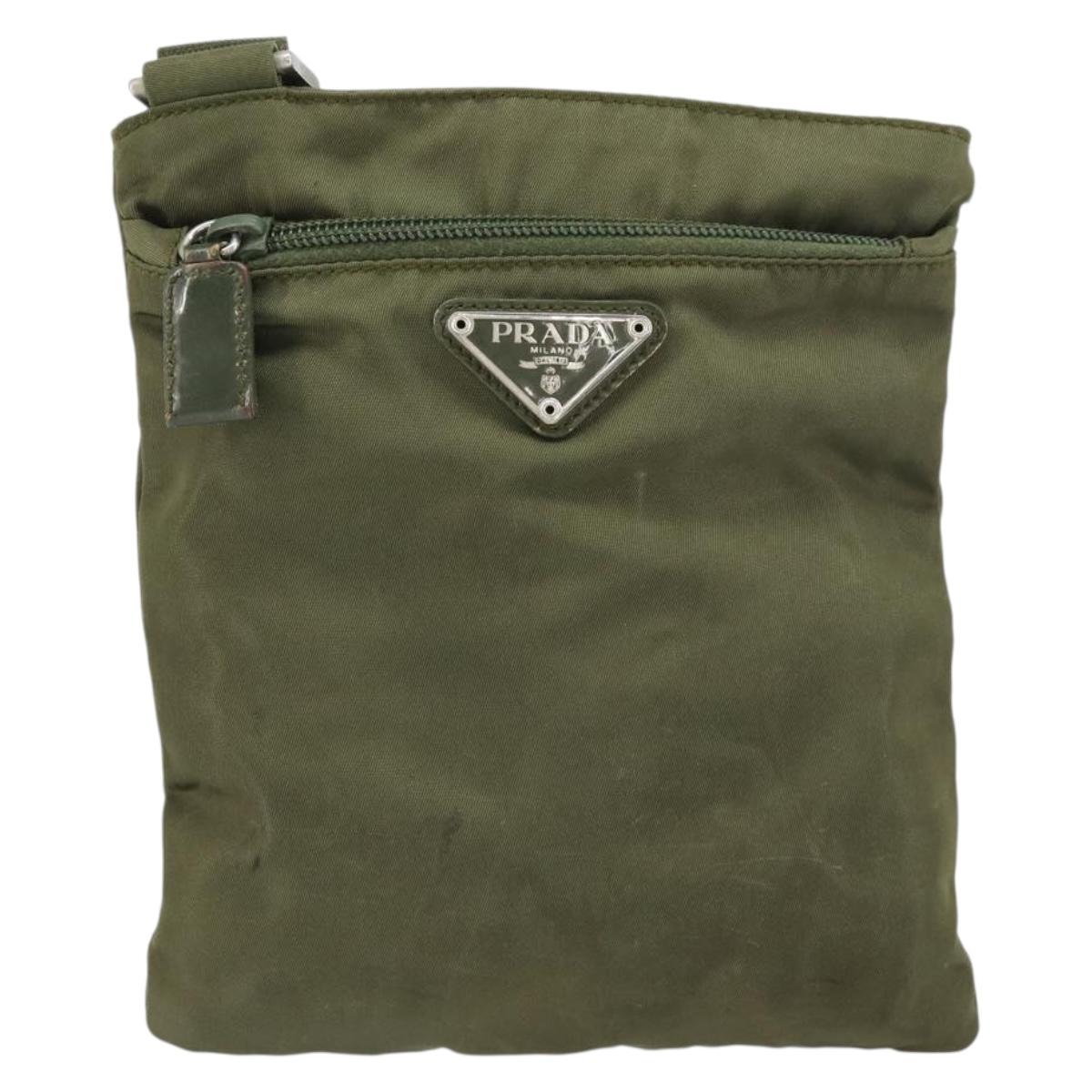 PRADA Shoulder Bag Nylon Khaki Silver Auth BA9173