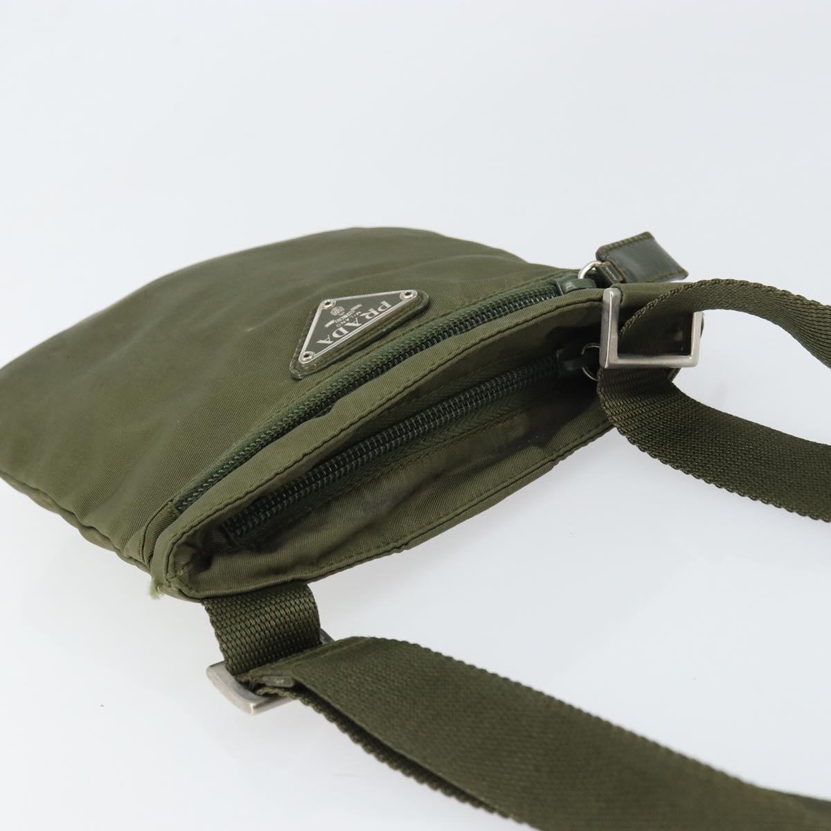 PRADA Shoulder Bag Nylon Khaki Silver Auth BA9173