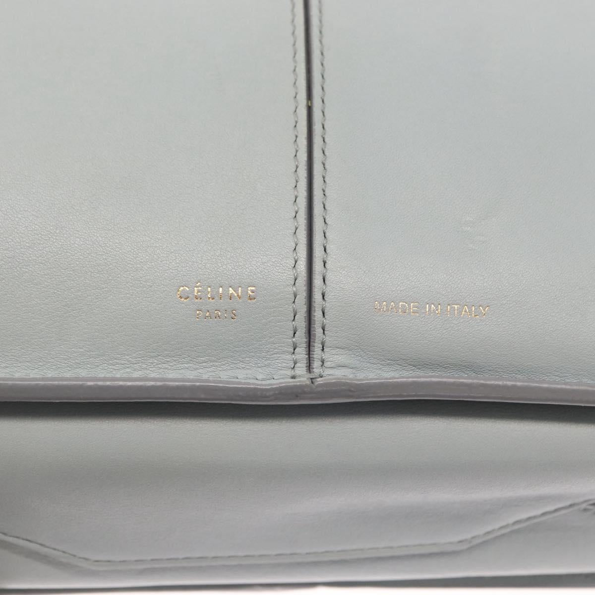 CELINE Chain Trifold Shoulder Bag Leather Gray Gold Auth BA9180