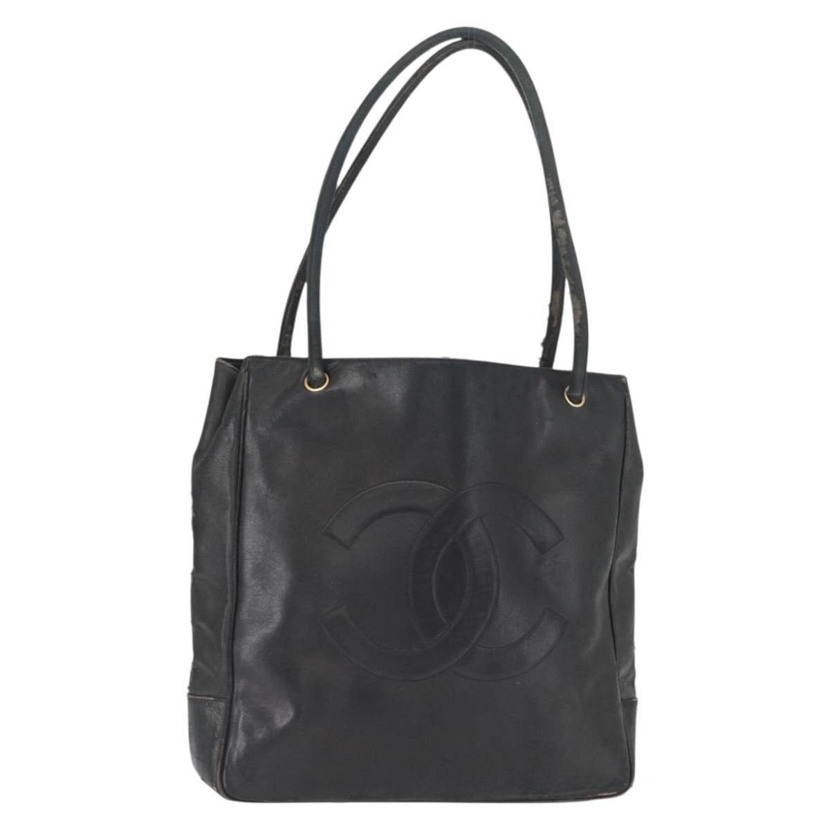 CHANEL Shoulder Bag Lamb Skin Black Gold CC Auth BA9188