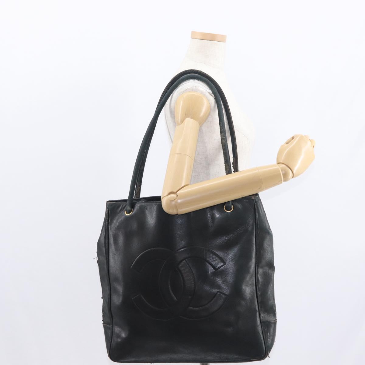 CHANEL Shoulder Bag Lamb Skin Black Gold CC Auth BA9188