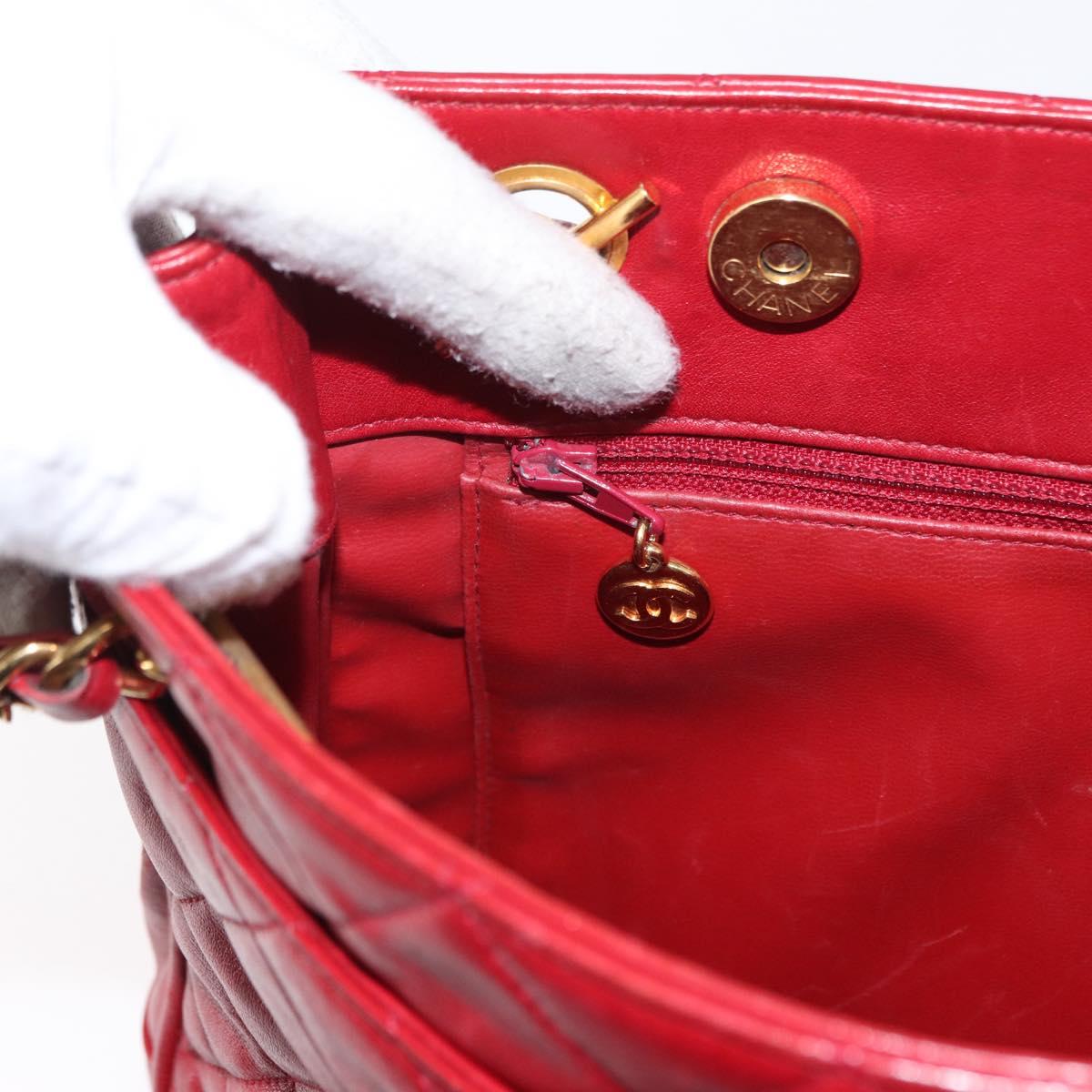 CHANEL Matelasse Chain Shoulder Bag Lamb Skin Red Gold CC Auth BA9195