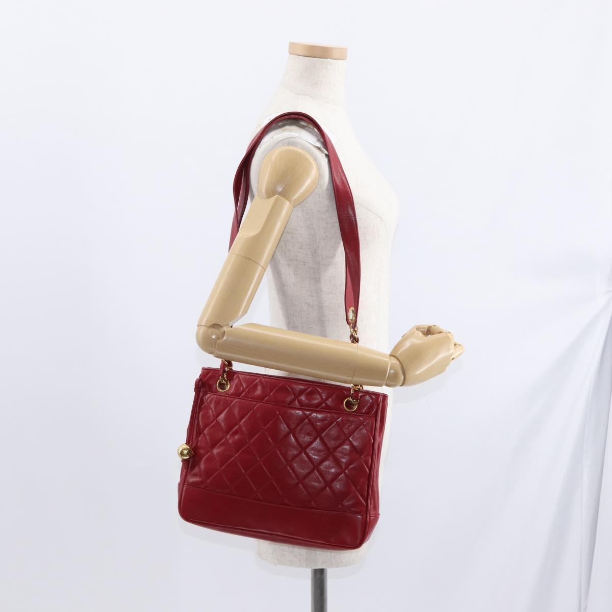CHANEL Matelasse Chain Shoulder Bag Lamb Skin Red Gold CC Auth BA9195