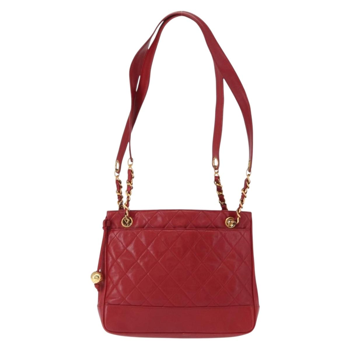 CHANEL Matelasse Chain Shoulder Bag Lamb Skin Red Gold CC Auth BA9195