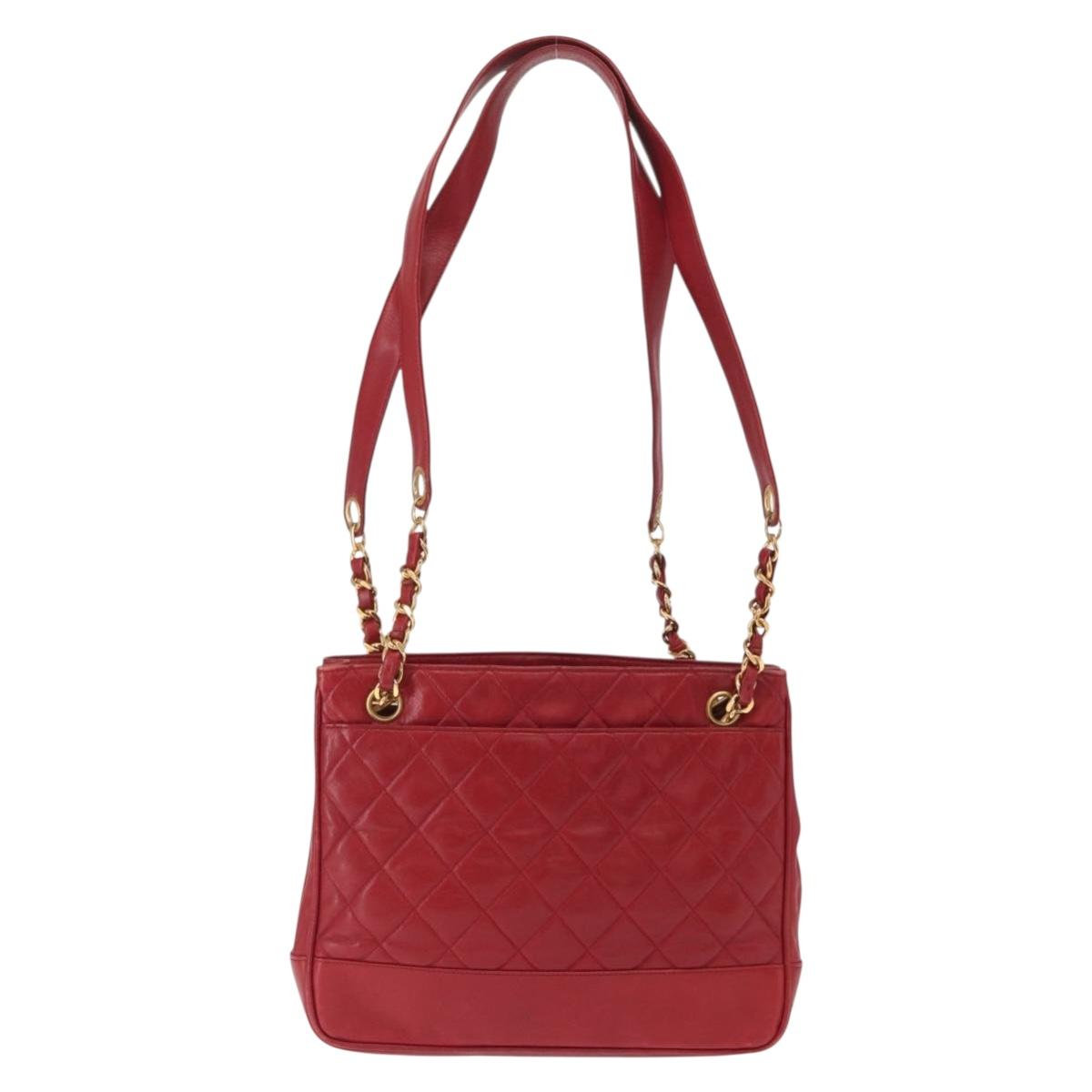 CHANEL Matelasse Chain Shoulder Bag Lamb Skin Red Gold CC Auth BA9195