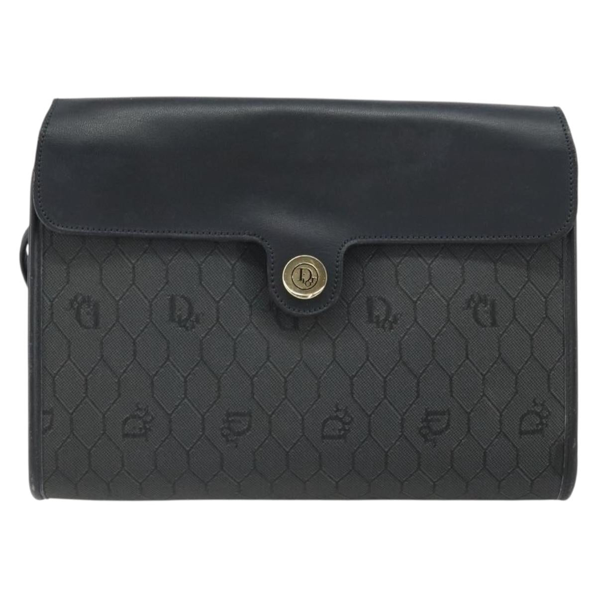 Christian Dior Honeycomb Canvas Chain Shoulder Bag PVC Black Gold Auth BA9243
