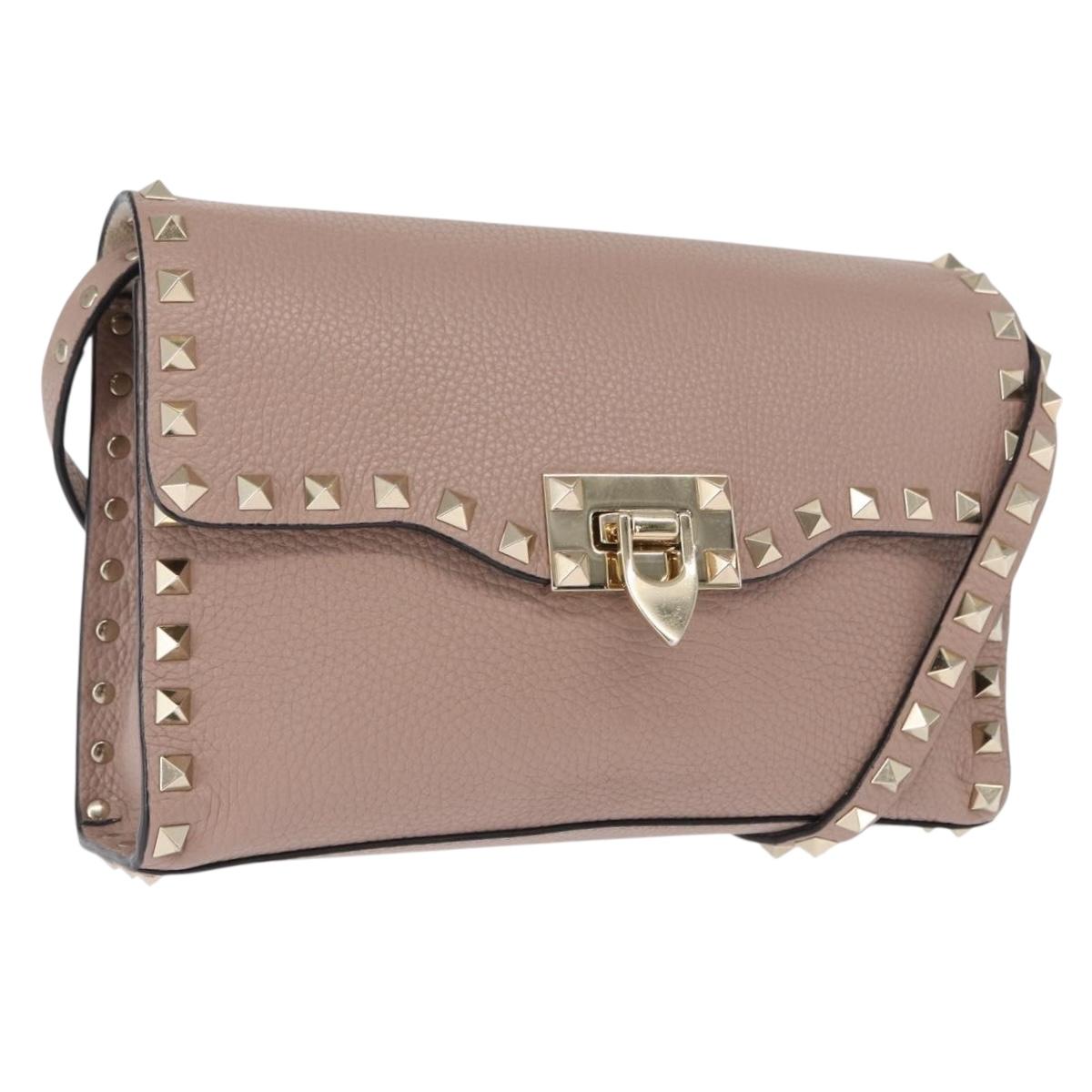 VALENTINO Rock Studs Shoulder Bag Leather Pink Gold Auth BA9244