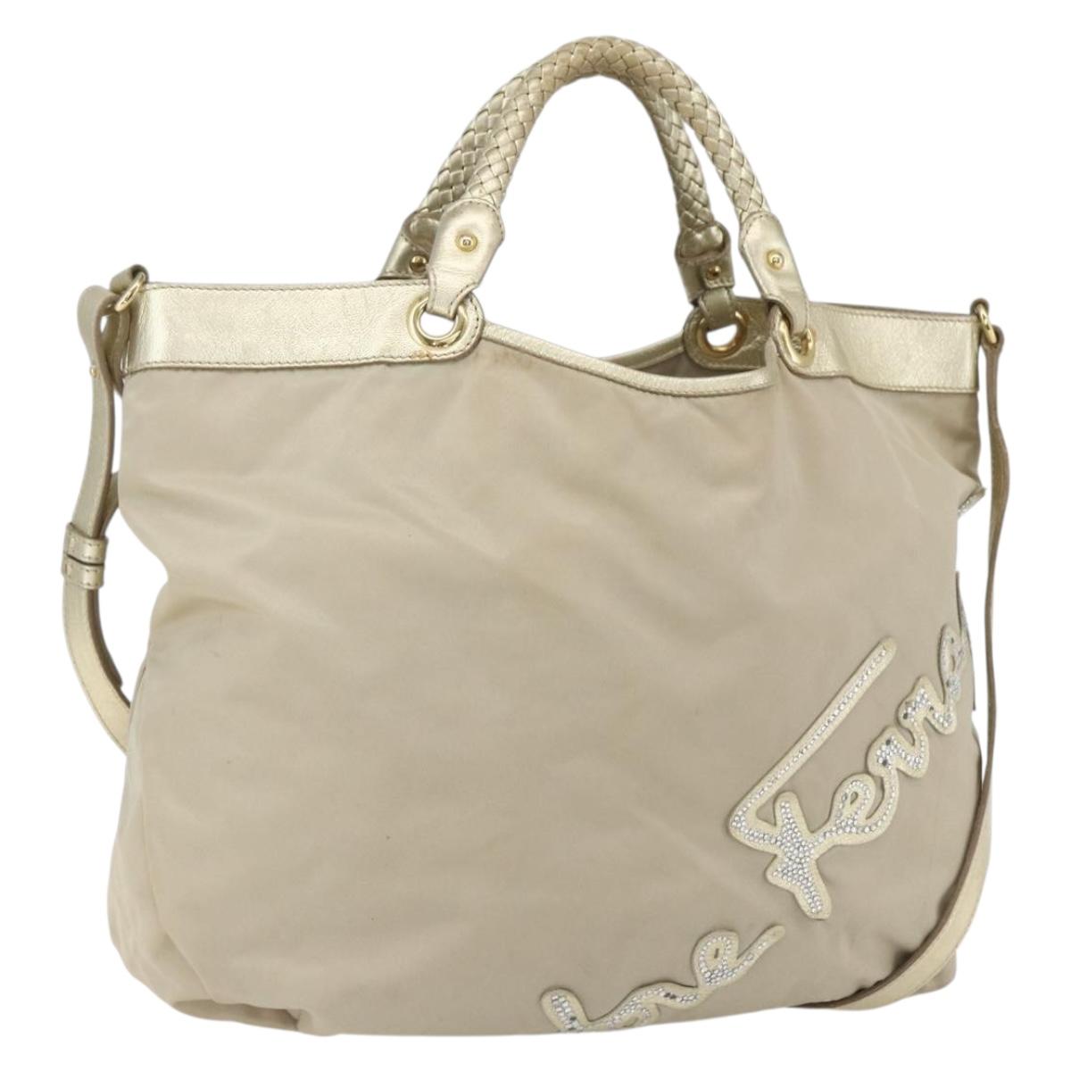 Salvatore Ferragamo Hand Bag Nylon 2way Beige Gold Auth BA9246