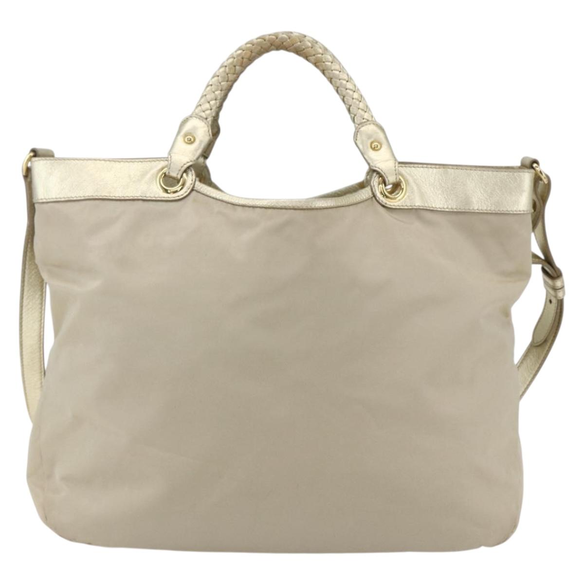 Salvatore Ferragamo Hand Bag Nylon 2way Beige Gold Auth BA9246
