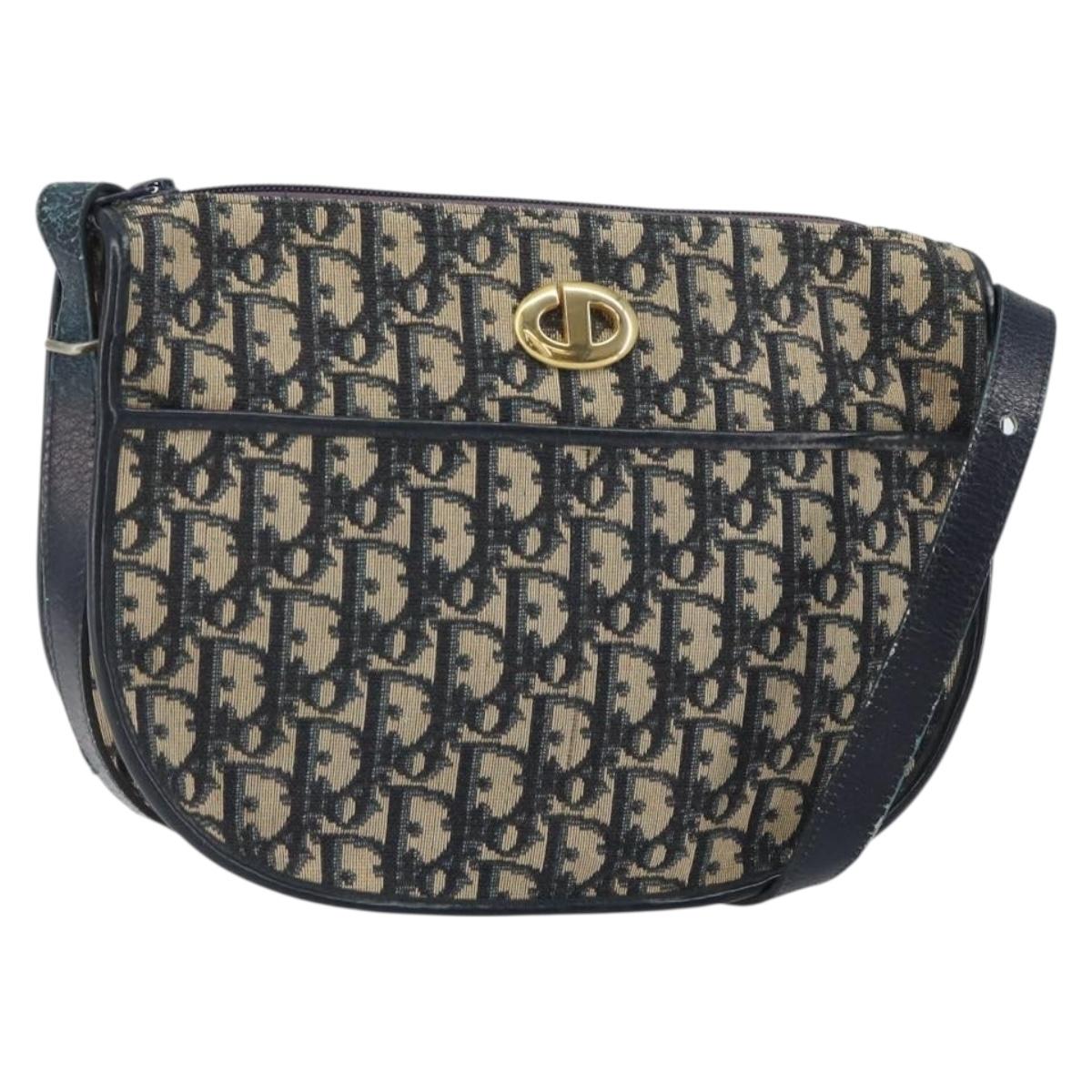 Christian Dior Trotter Canvas Shoulder Bag Navy Gold Auth BA9247