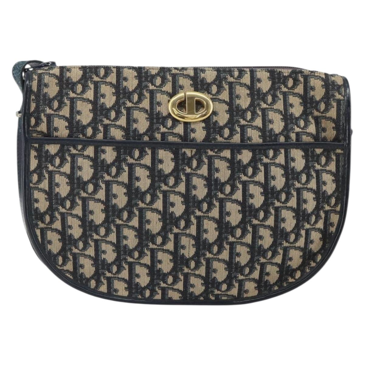 Christian Dior Trotter Canvas Shoulder Bag Navy Gold Auth BA9247