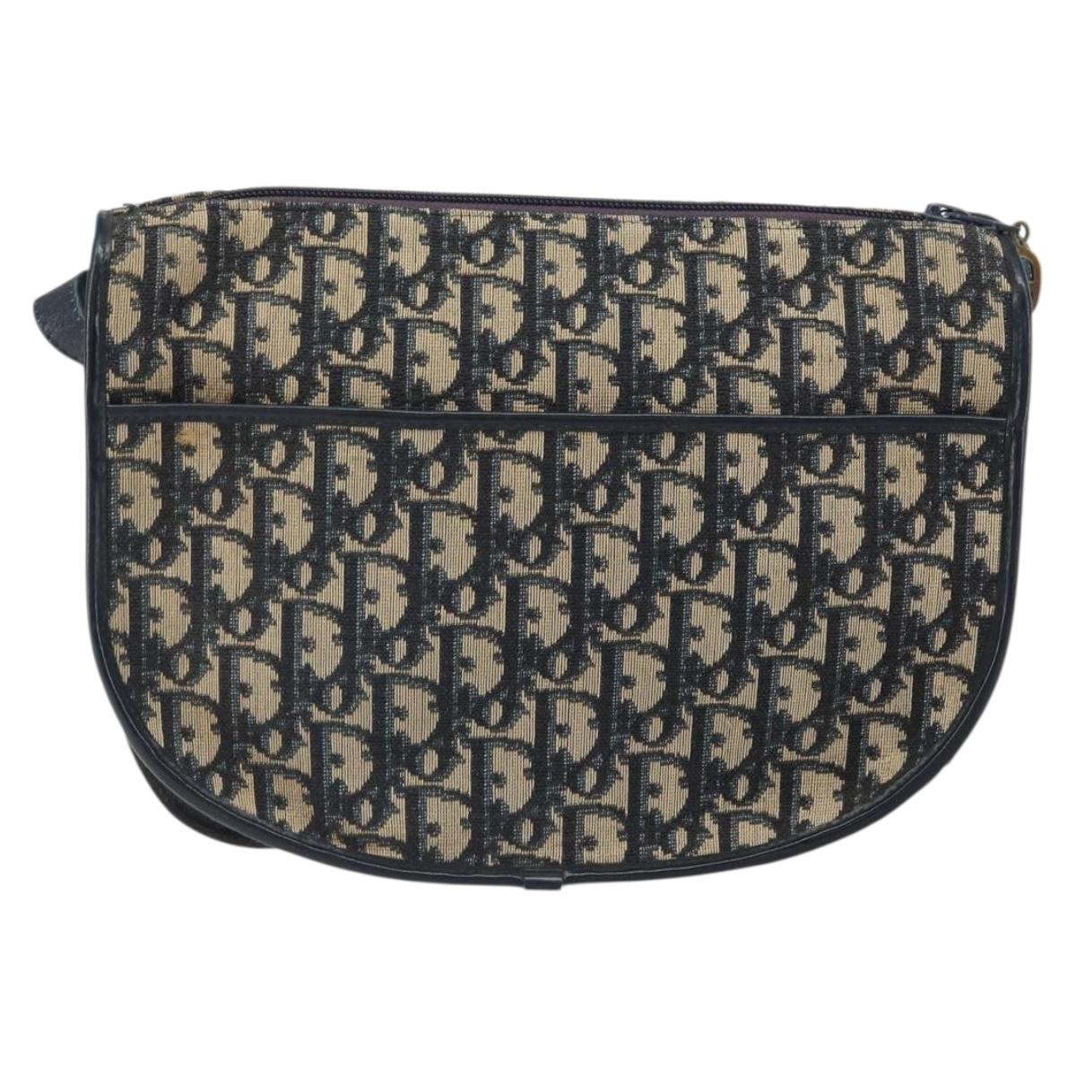 Christian Dior Trotter Canvas Shoulder Bag Navy Gold Auth BA9247