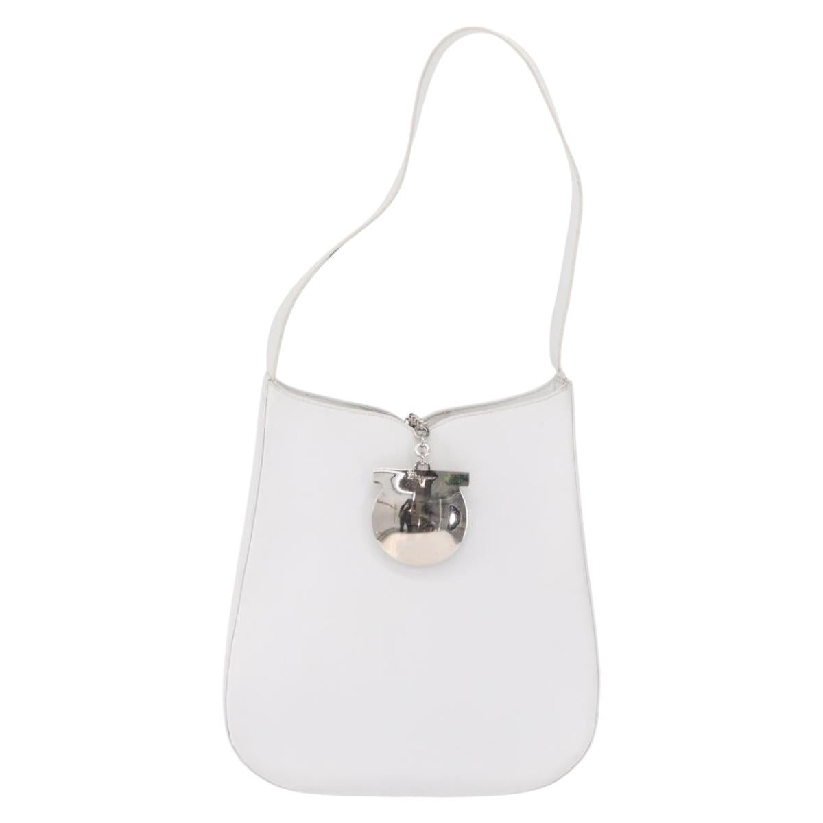 Salvatore Ferragamo Gancini Shoulder Bag Leather White Silver Auth BA9272