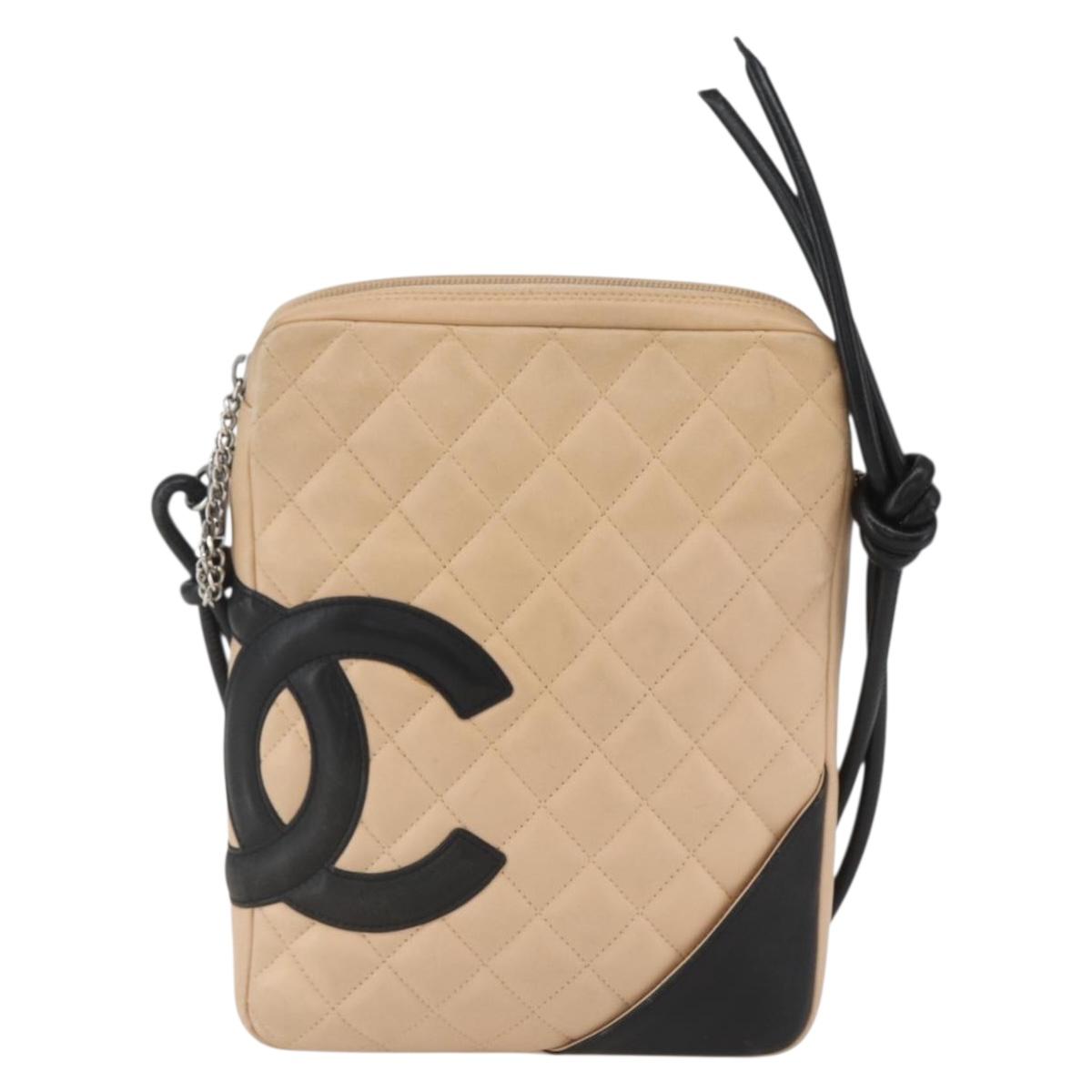 CHANEL Matelasse Cambon Line Shoulder Bag Leather Beige Silver CC Auth BA9277V