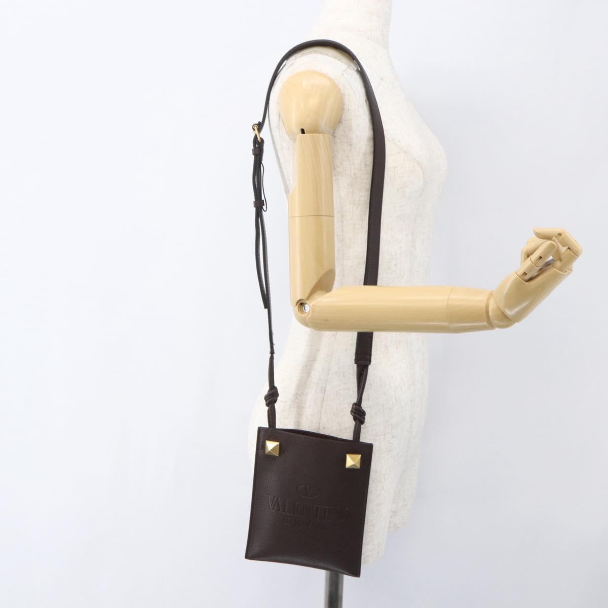 VALENTINO Shoulder Bag Leather Brown Gold Auth BA9280V
