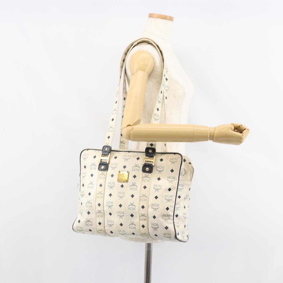MCM Logogram Vicetos Tote Bag Leather White Gold Auth BA9337