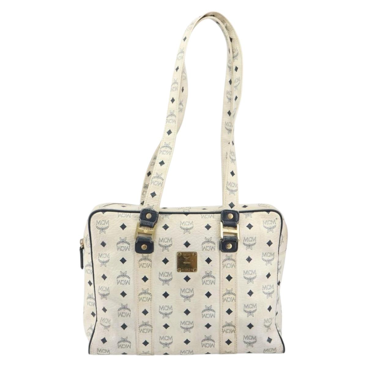 MCM Logogram Vicetos Tote Bag Leather White Gold Auth BA9337