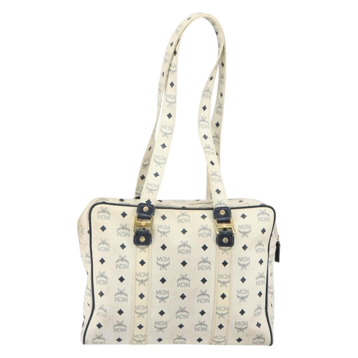 MCM Logogram Vicetos Tote Bag Leather White Gold Auth BA9337
