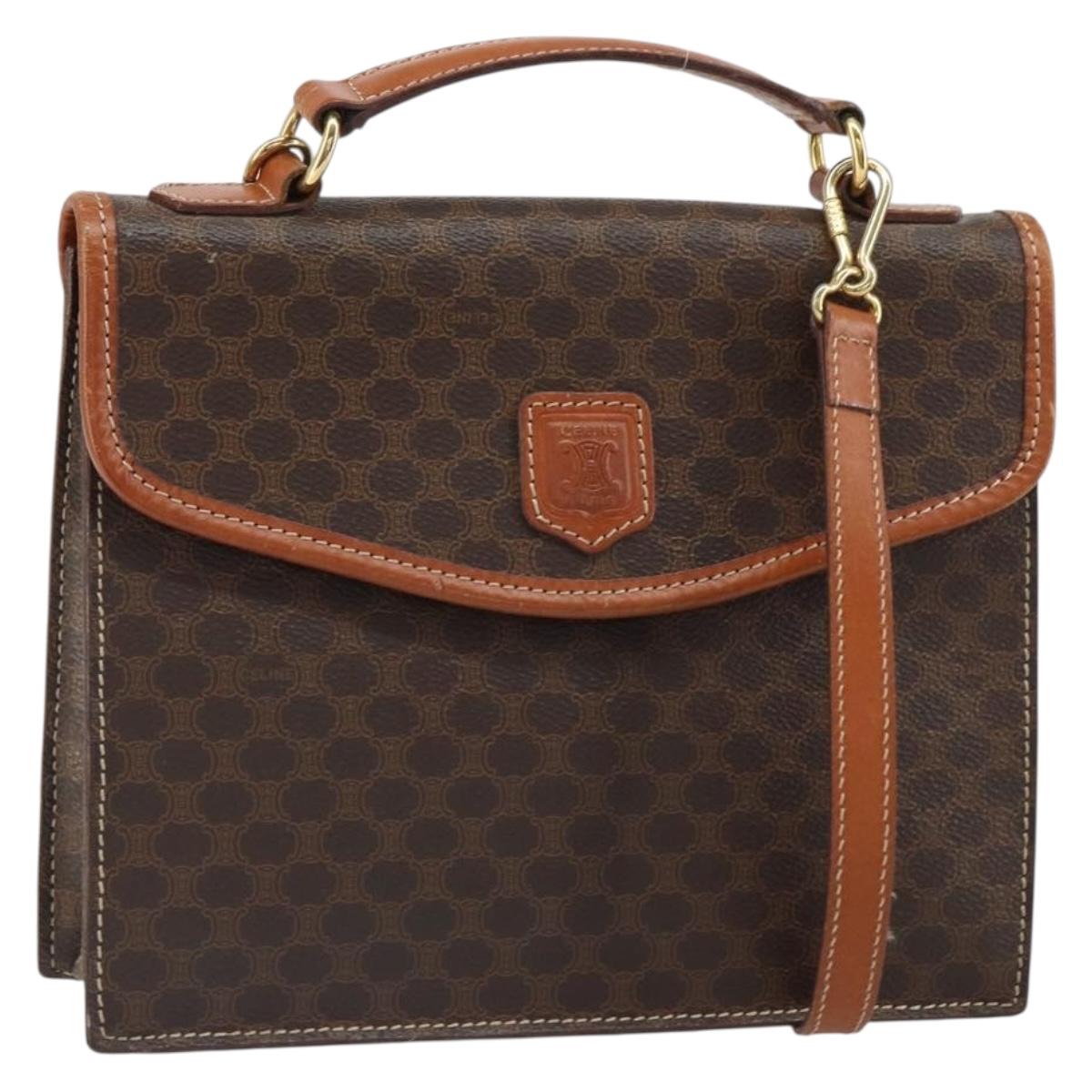CELINE Macadam Canvas Hand Bag PVC Leather 2way Brown Gold Auth BA9343