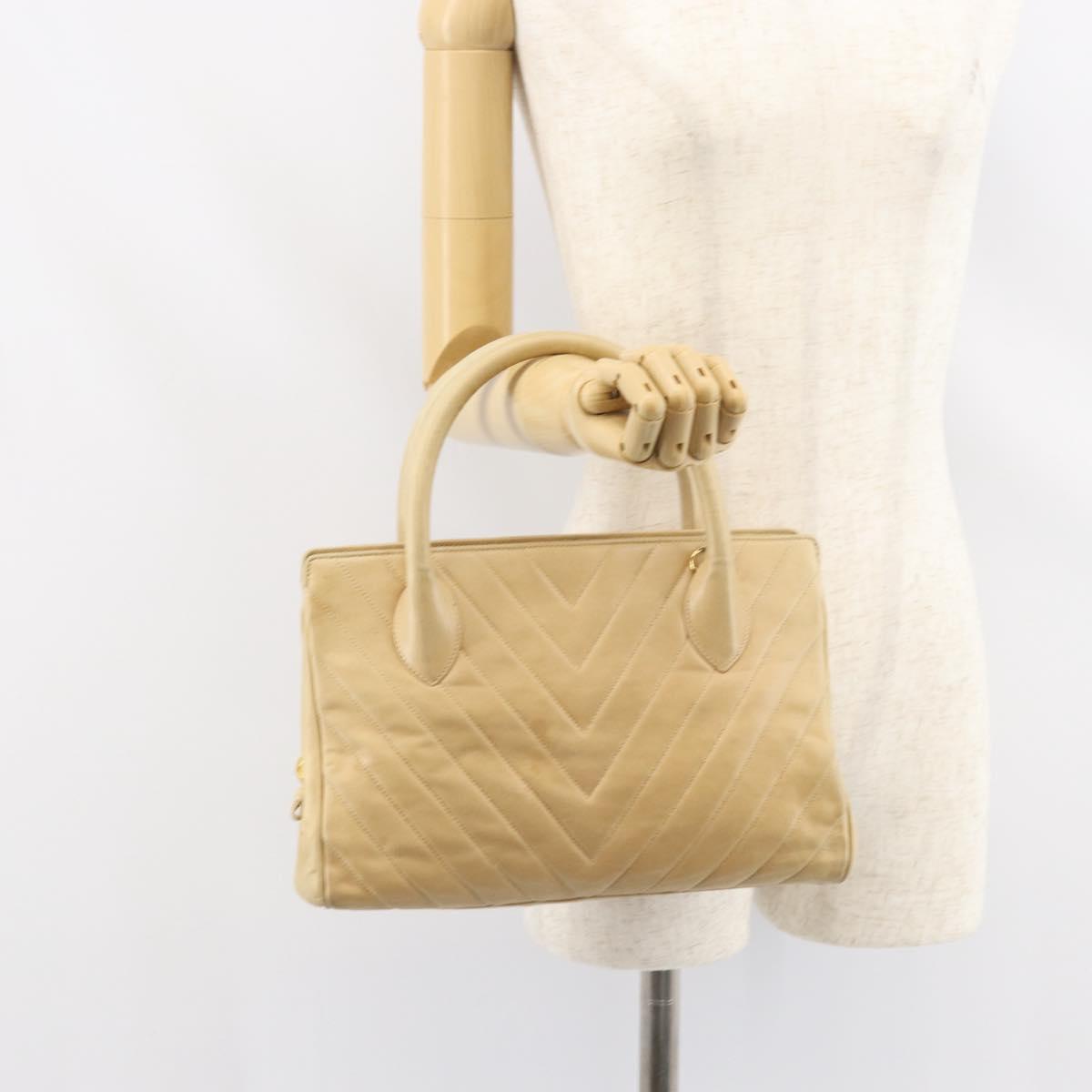 CHANEL V Stitch Hand Bag Leather Beige Gold CC Auth BA9348