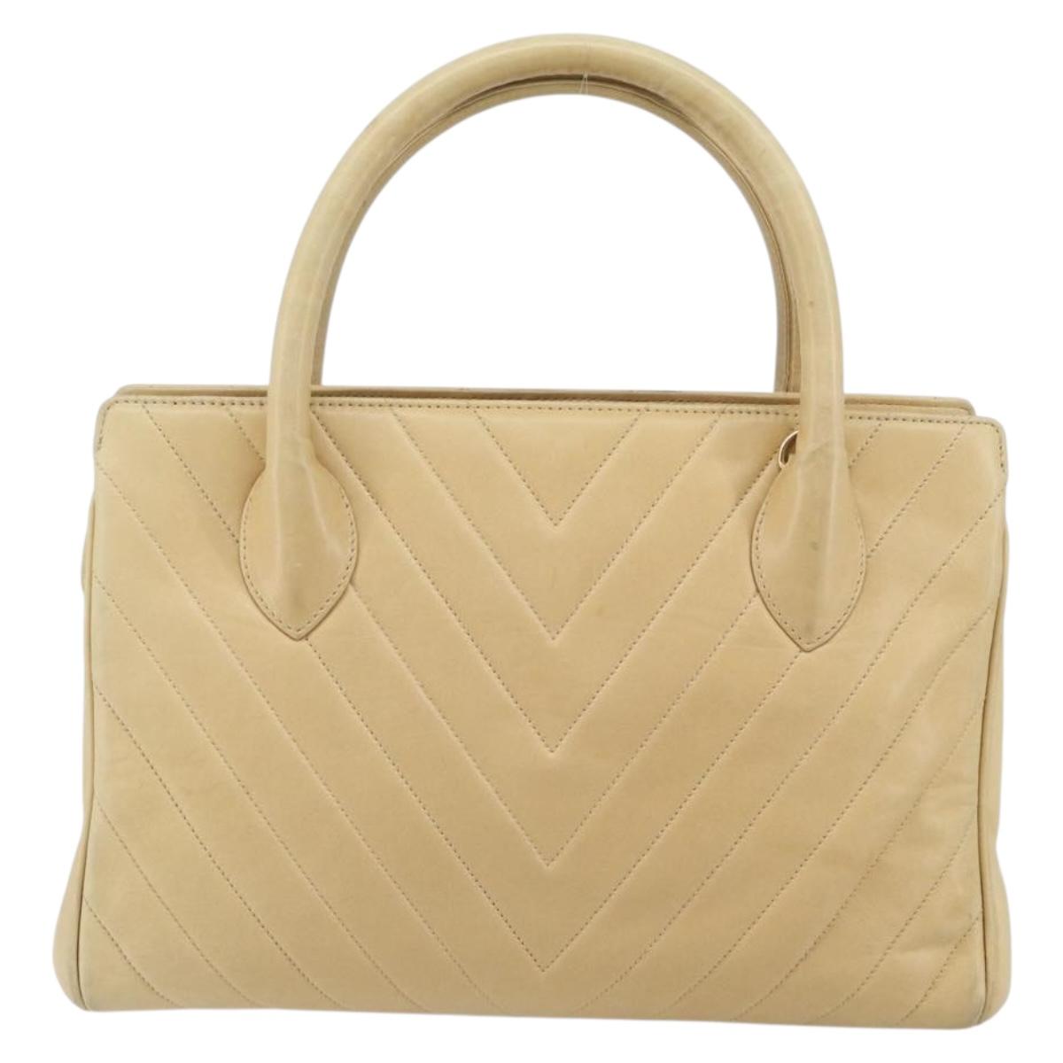 CHANEL V Stitch Hand Bag Leather Beige Gold CC Auth BA9348