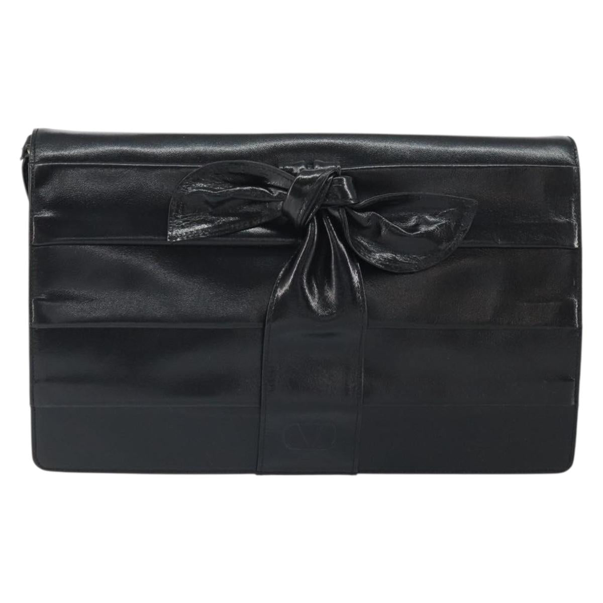 VALENTINO Shoulder Bag Leather Black Gold Auth BA9364