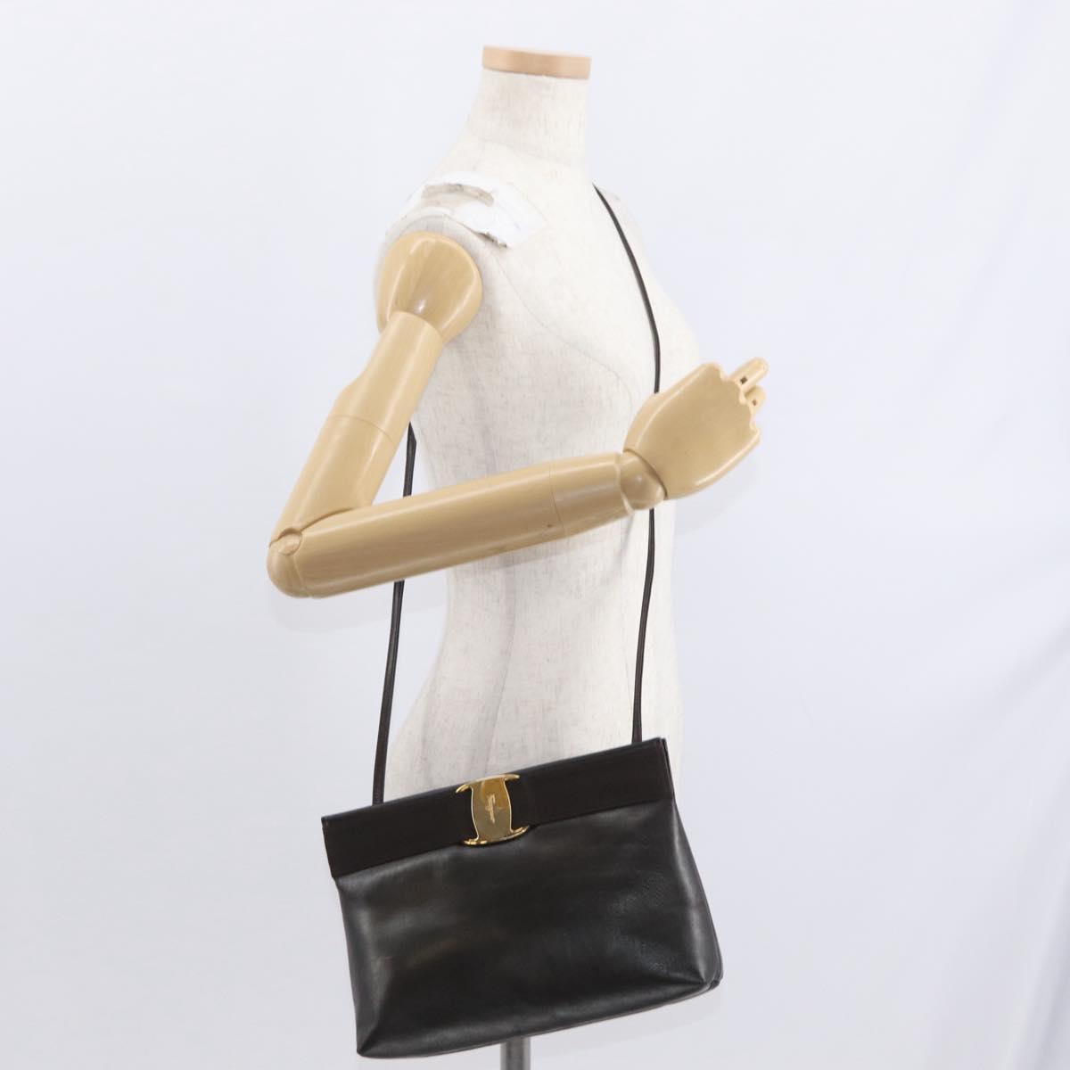 Salvatore Ferragamo Vala Shoulder Bag Leather Dark Brown Gold Auth BA9386