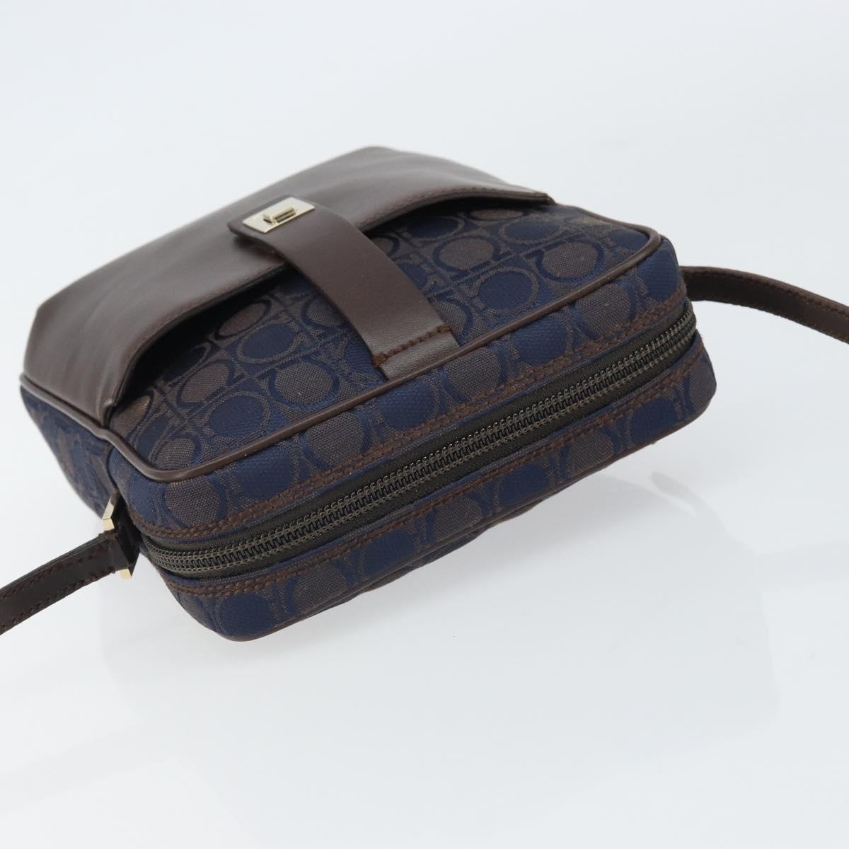 Salvatore Ferragamo Gancini Shoulder Bag Nylon Leather Navy Gold Auth BA9388