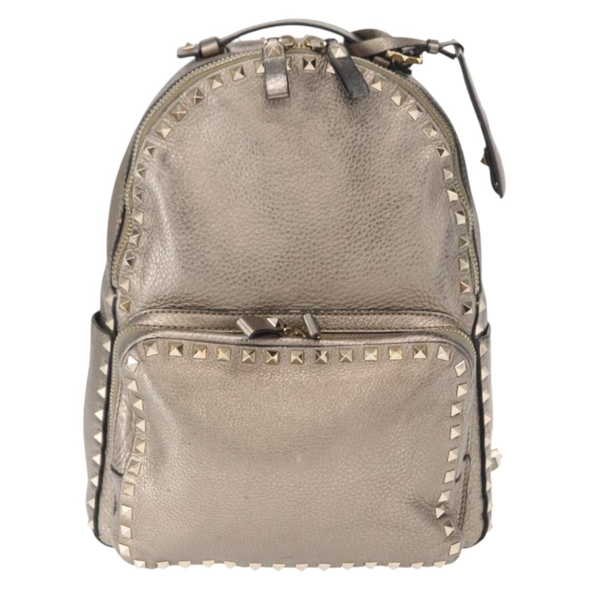 VALENTINO Rock Studs Backpack Leather Silver Gold Auth BA9400