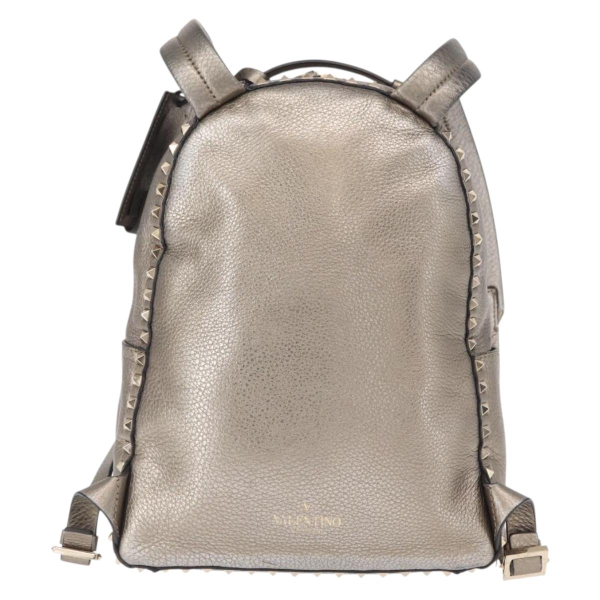 VALENTINO Rock Studs Backpack Leather Silver Gold Auth BA9400