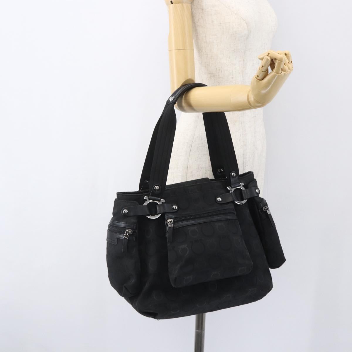 Salvatore Ferragamo Gancini Tote Bag Nylon Black Silver Auth BA9401