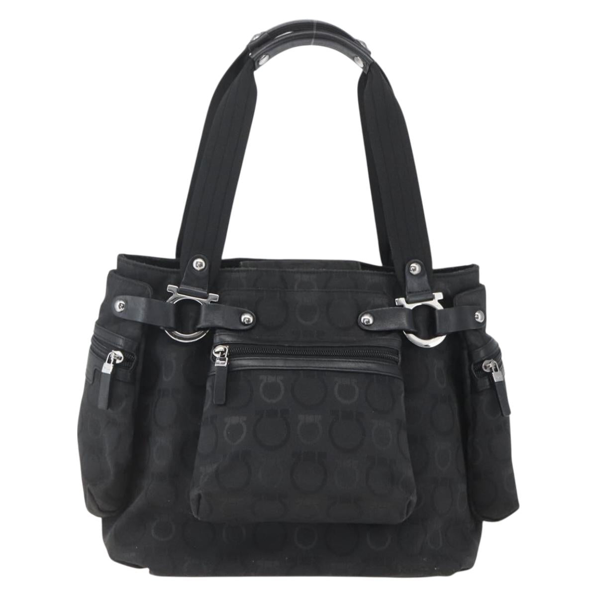Salvatore Ferragamo Gancini Tote Bag Nylon Black Silver Auth BA9401