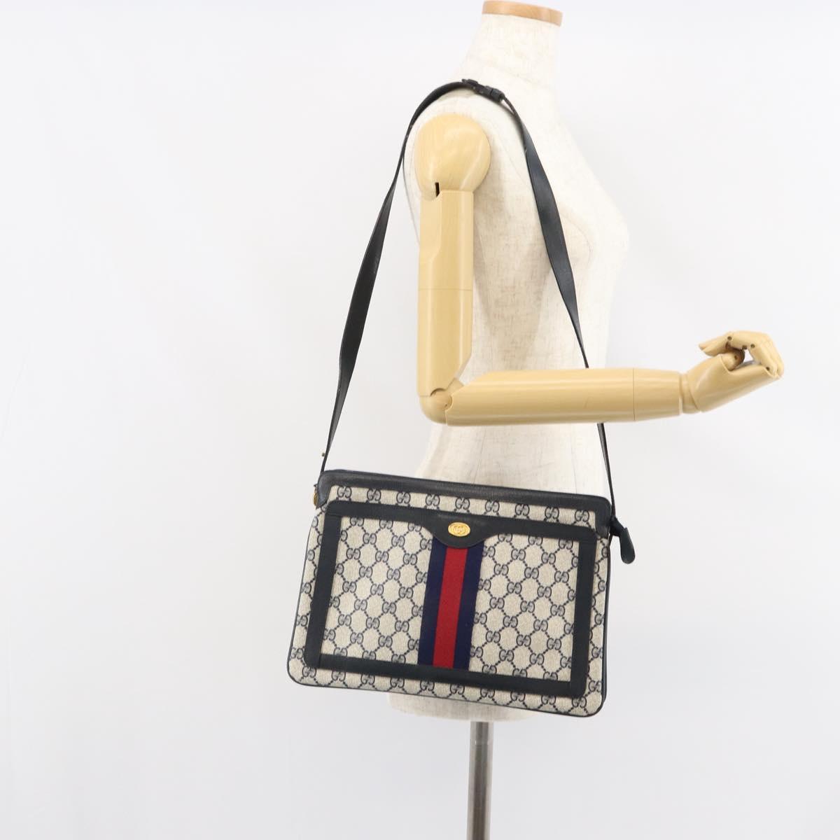 GUCCI GG Supreme Sherry Line Shoulder Bag PVC Navy Red 14 02 013 Auth BA9411