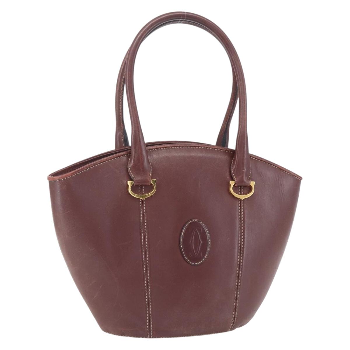 CARTIER Must Line Hand Bag Leather Bordeaux Gold Auth BA9415