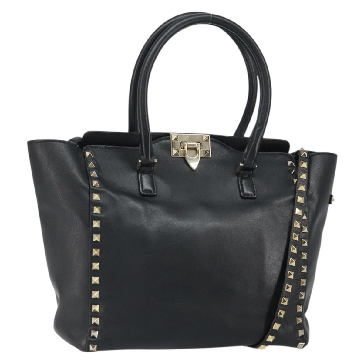 VALENTINO Rock studs Hand Bag Leather 2way Black Gold Auth BA9420