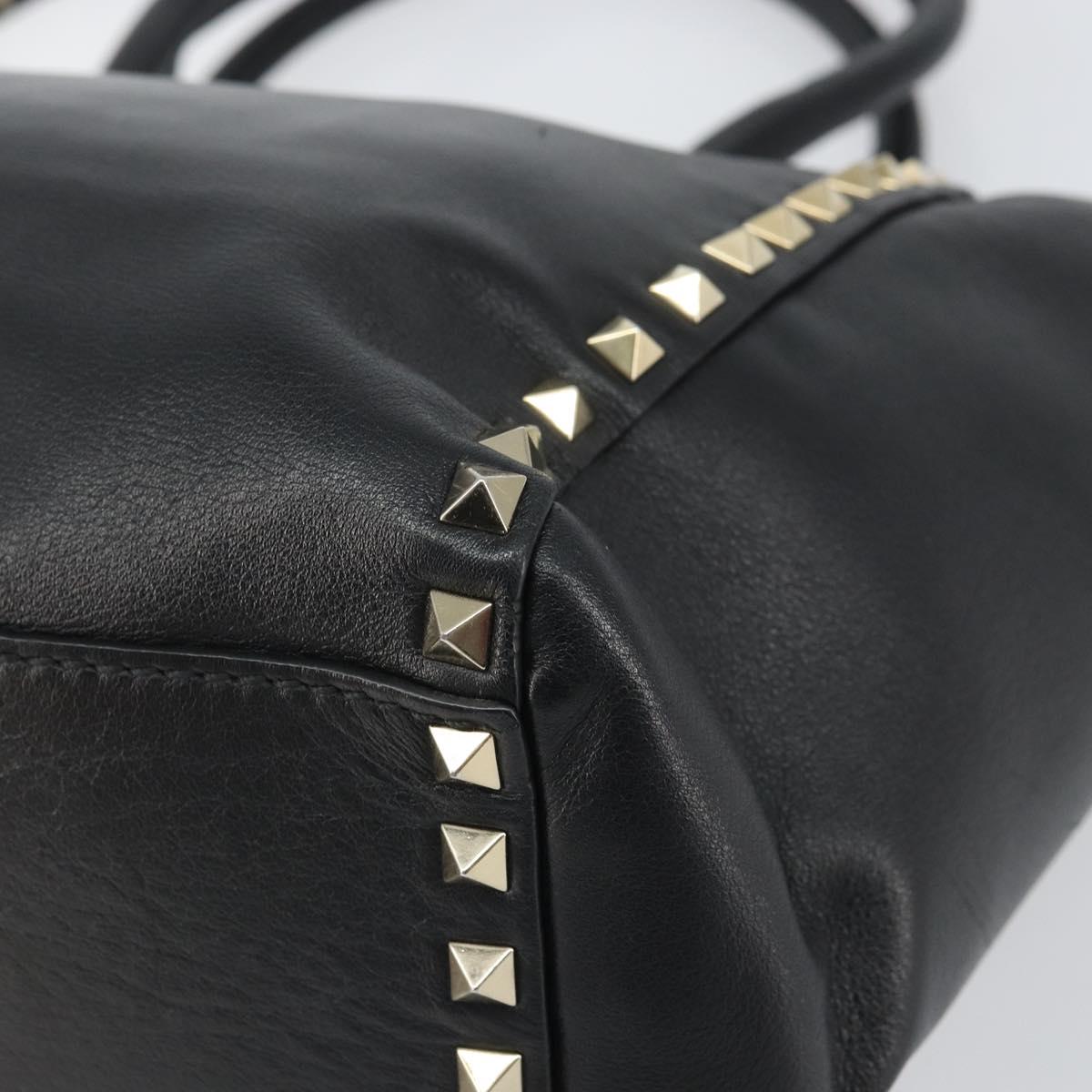 VALENTINO Rock studs Hand Bag Leather 2way Black Gold Auth BA9420