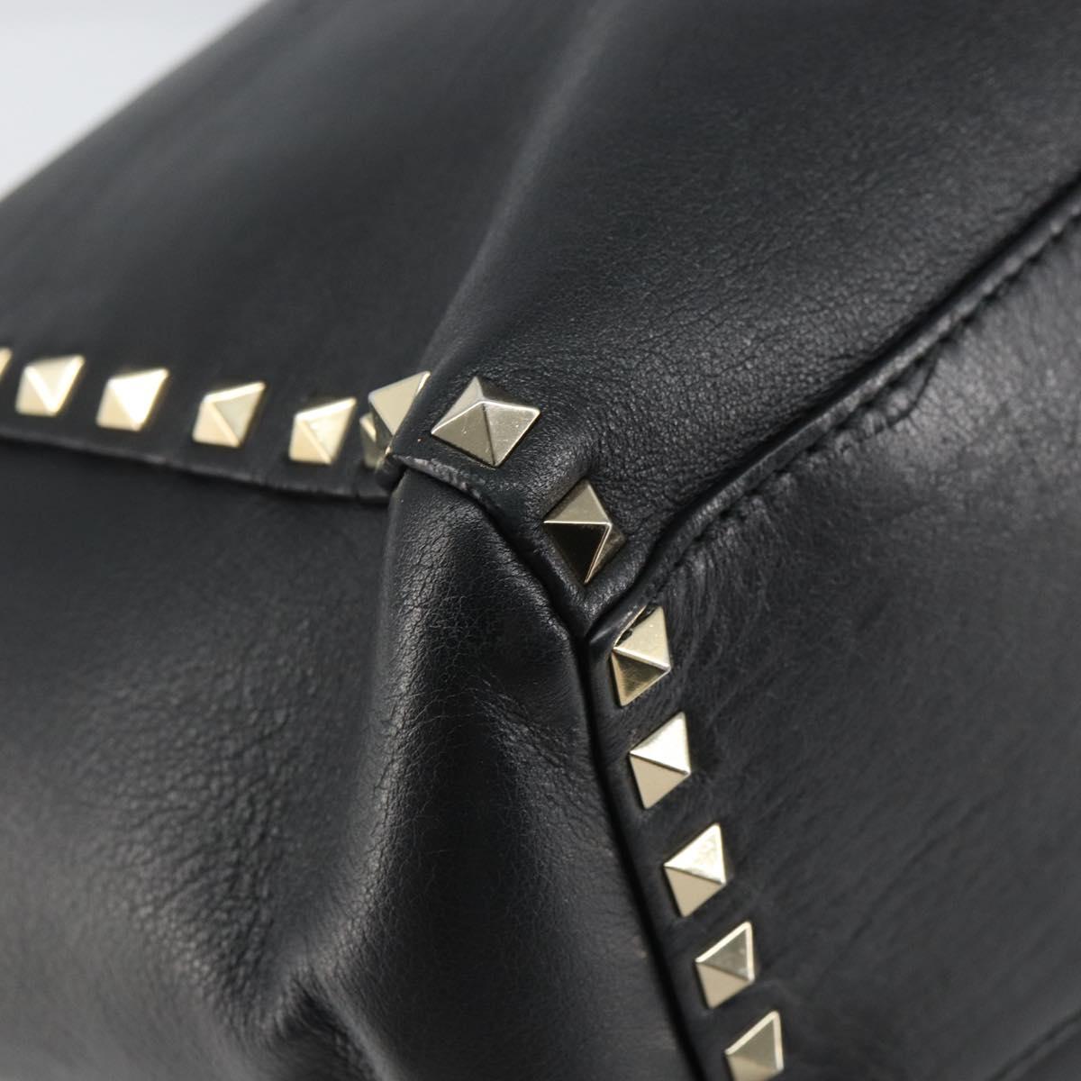 VALENTINO Rock studs Hand Bag Leather 2way Black Gold Auth BA9420