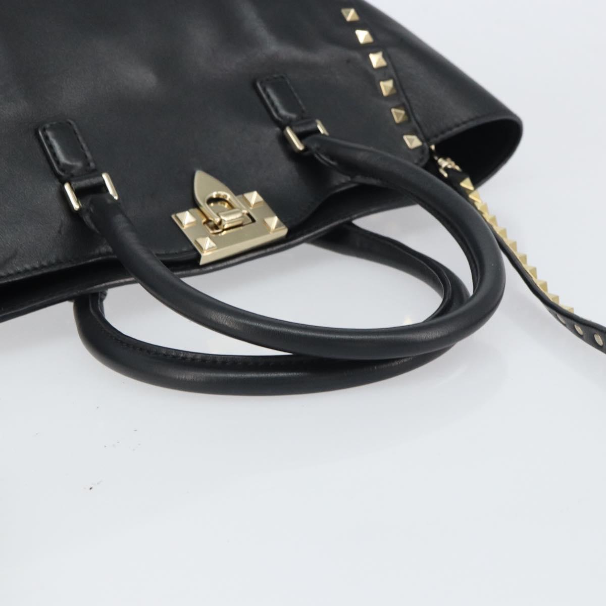VALENTINO Rock studs Hand Bag Leather 2way Black Gold Auth BA9420