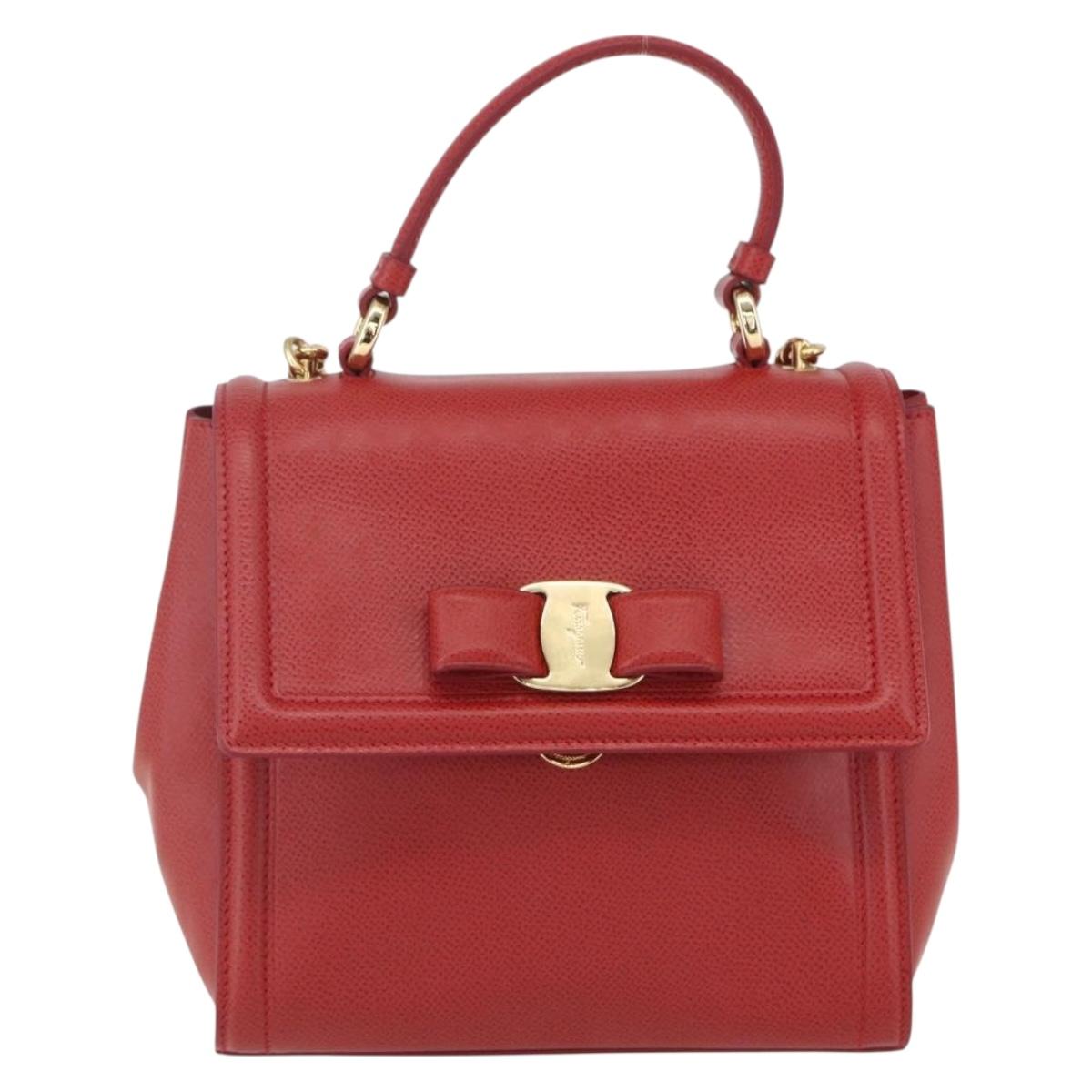 Salvatore Ferragamo Chain Vala Shoulder Bag Leather 2way Red Gold Auth BA9424V