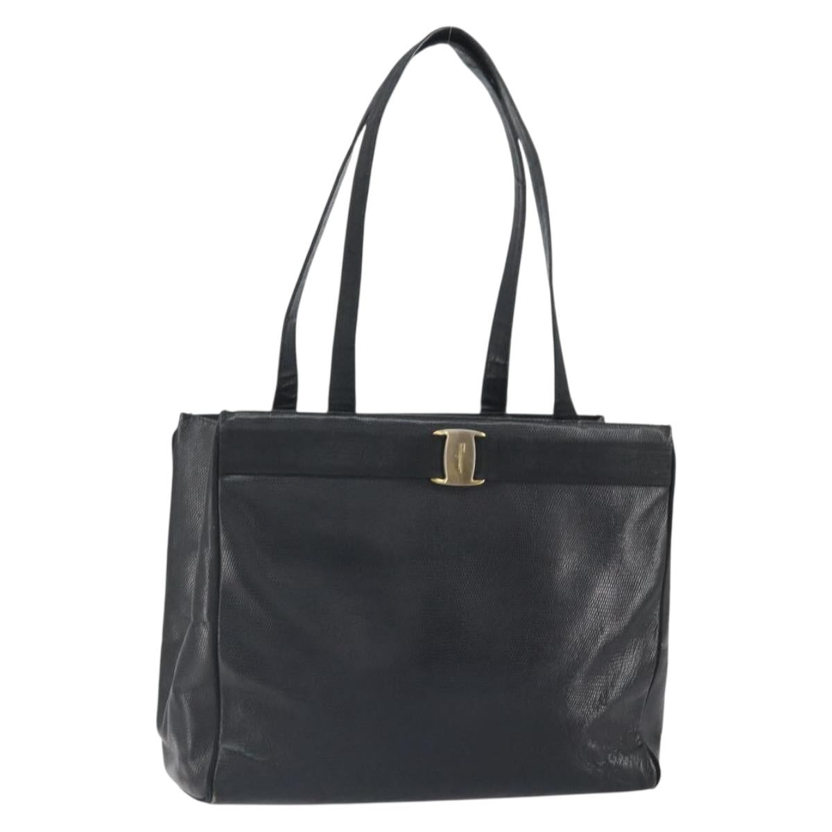 Salvatore Ferragamo Vala Tote Bag Leather Black Gold Auth BA9428