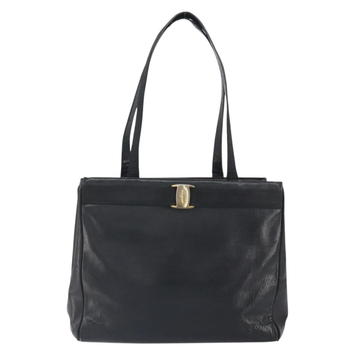 Salvatore Ferragamo Vala Tote Bag Leather Black Gold Auth BA9428