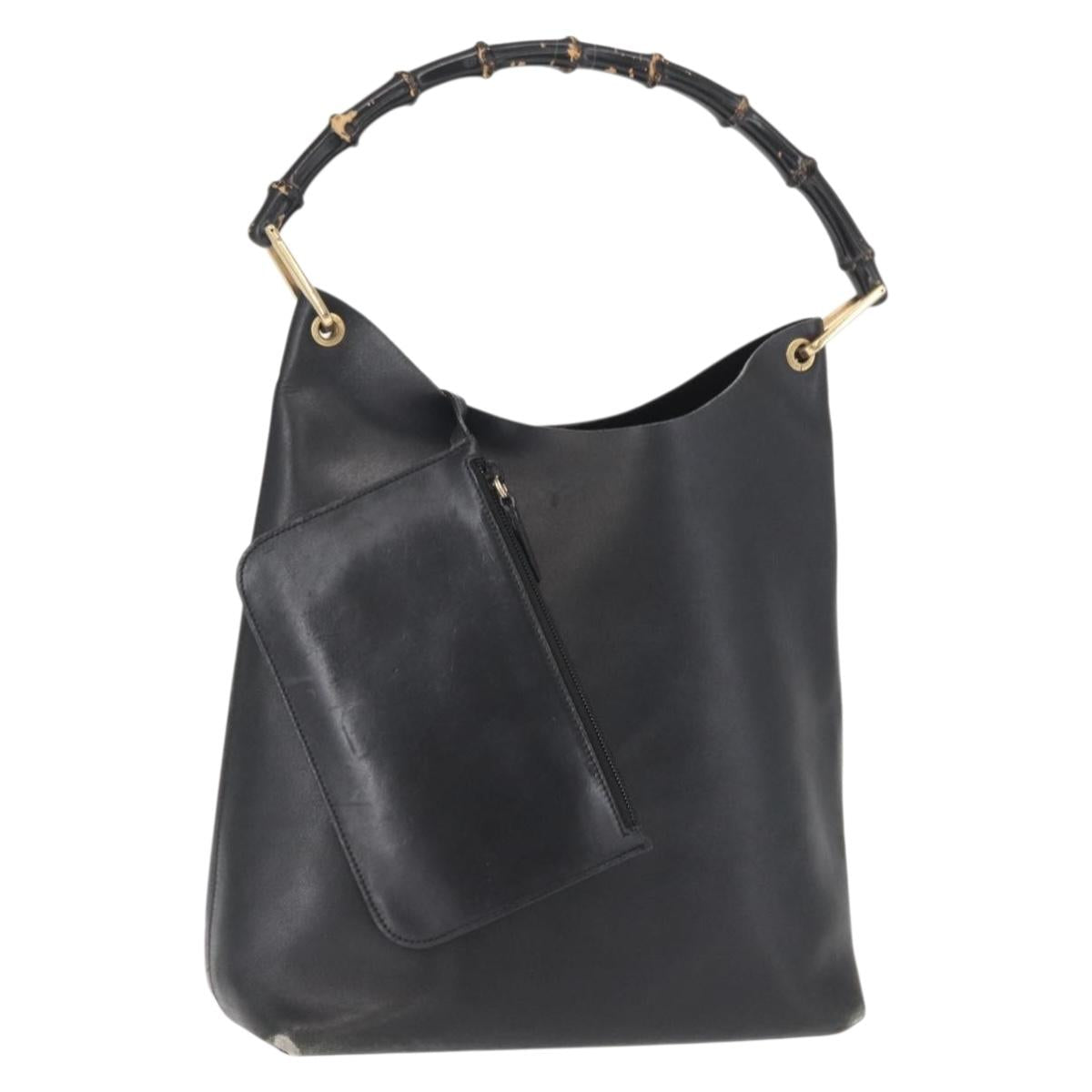 GUCCI Bamboo Shoulder Bag Leather Black Gold 001 1013 1881 Auth BA9503