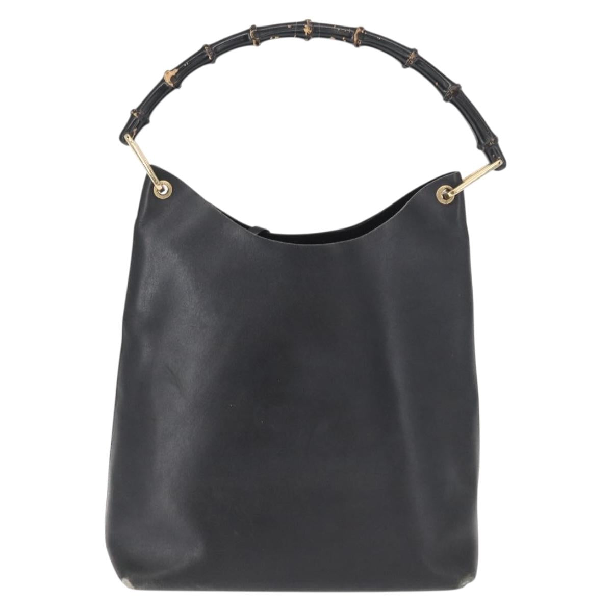GUCCI Bamboo Shoulder Bag Leather Black Gold 001 1013 1881 Auth BA9503