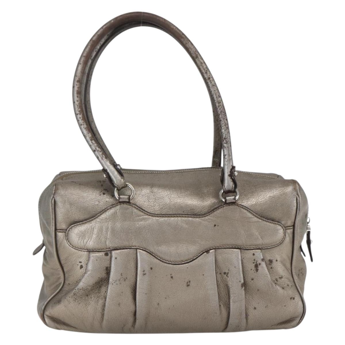 Salvatore Ferragamo Gancini Hand Bag Leather Silver Auth BA9504