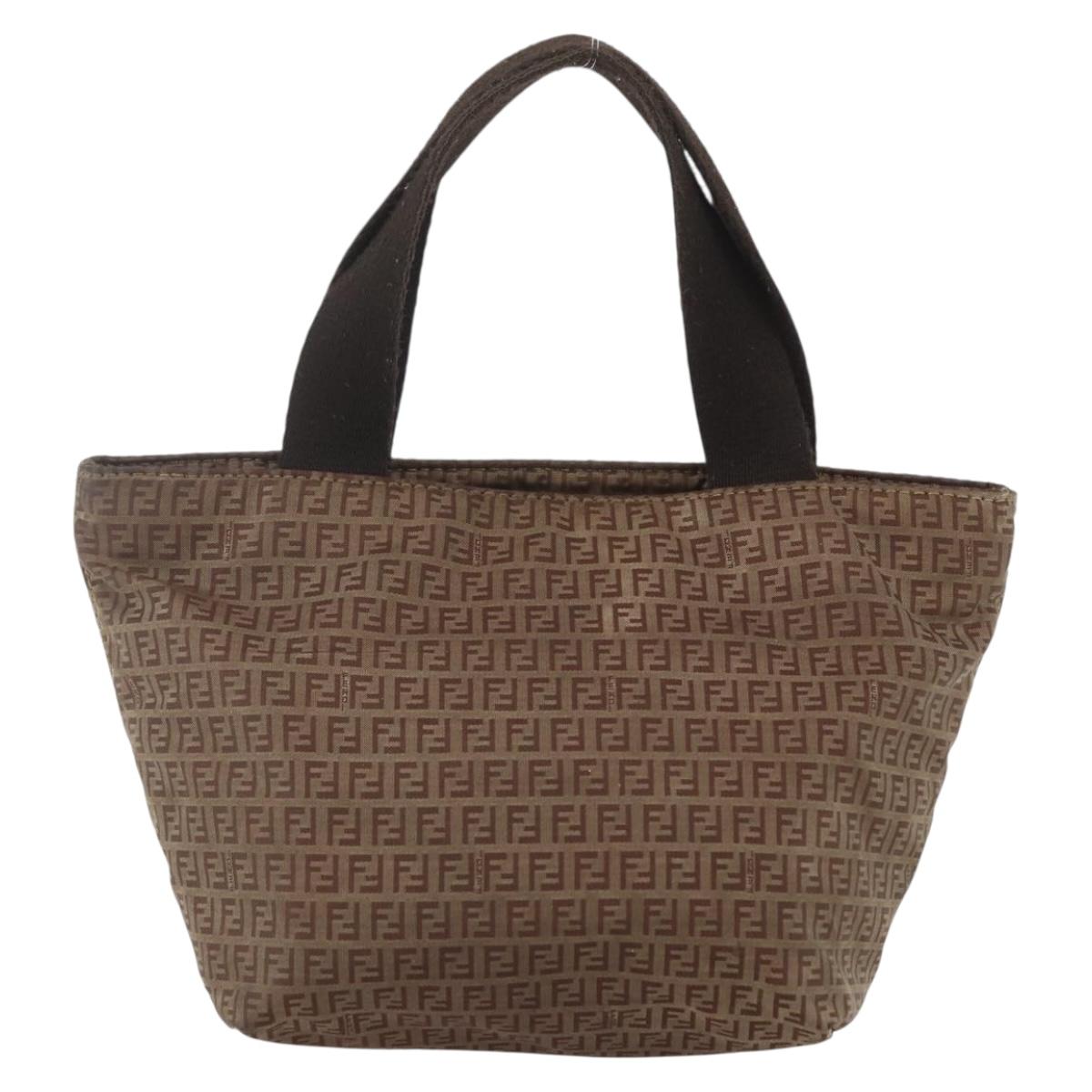 FENDI Zucchino Canvas Hand Bag Nylon Beige Silver Auth BA9505