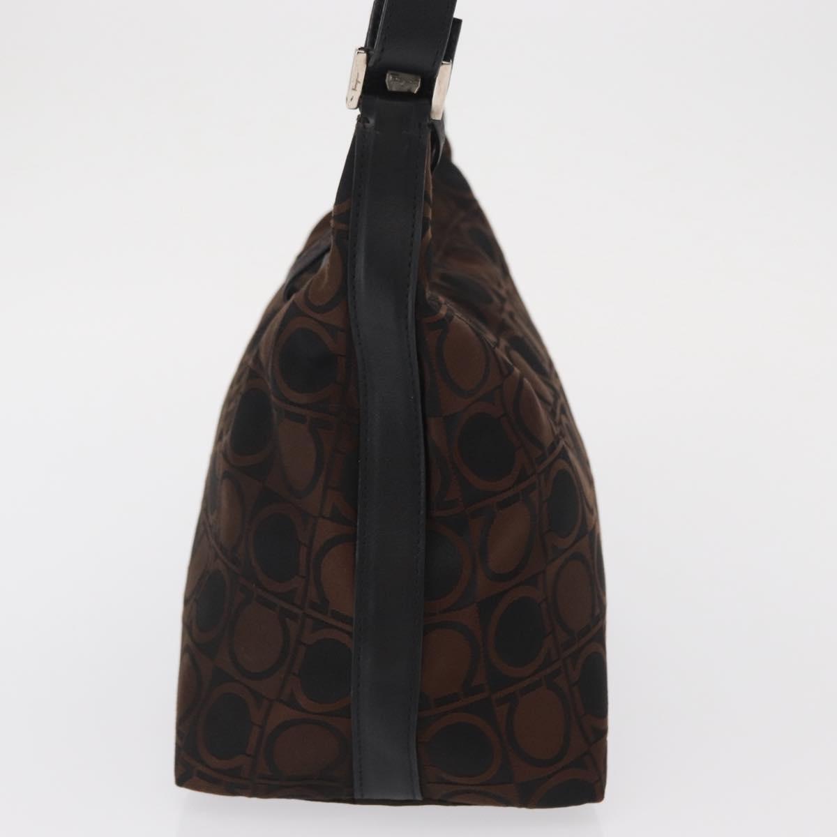 Salvatore Ferragamo Gancini Shoulder Bag Nylon Brown Silver Auth BA9517