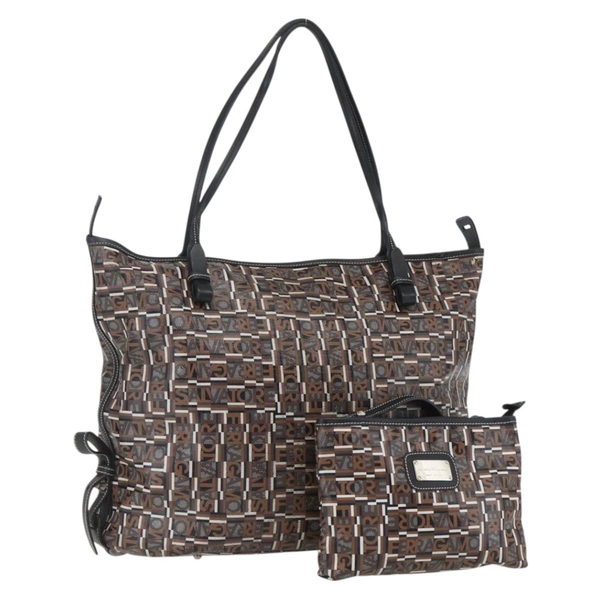 Salvatore Ferragamo Tote Bag PVC Leather Brown Silver Auth BA9529